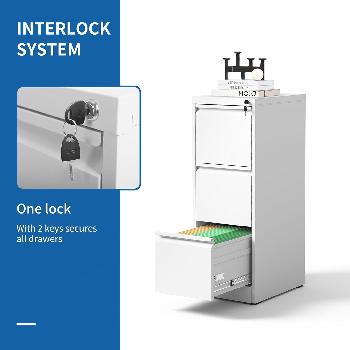 3 Drawer File Cabinet with Lock, Vertical File Cabinet with Lock, Locking File Cabinet Hanging Files for A4/ Legal/Letter,White