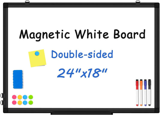 Double-Sided White Board Black Aluminium Frame, 24" x 18" Dry Erase Board Magnetic Whiteboard for Wall, Hanging Mounted Whiteboard Home, School, Office, Kitchen