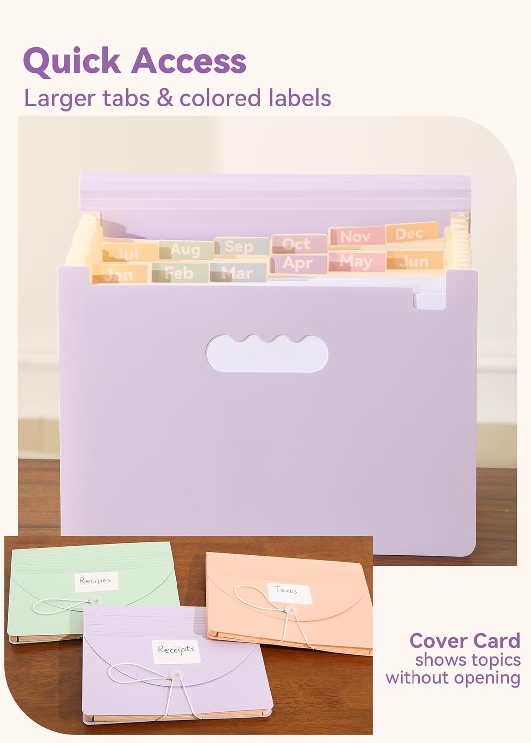 Accordion File Organizer 12 Pockets, Monthly Bill Receipt Tax Organizer, Expanding File Folders with Larger Bright Tabs, Fits Letter/A4 Size - Black - Purple