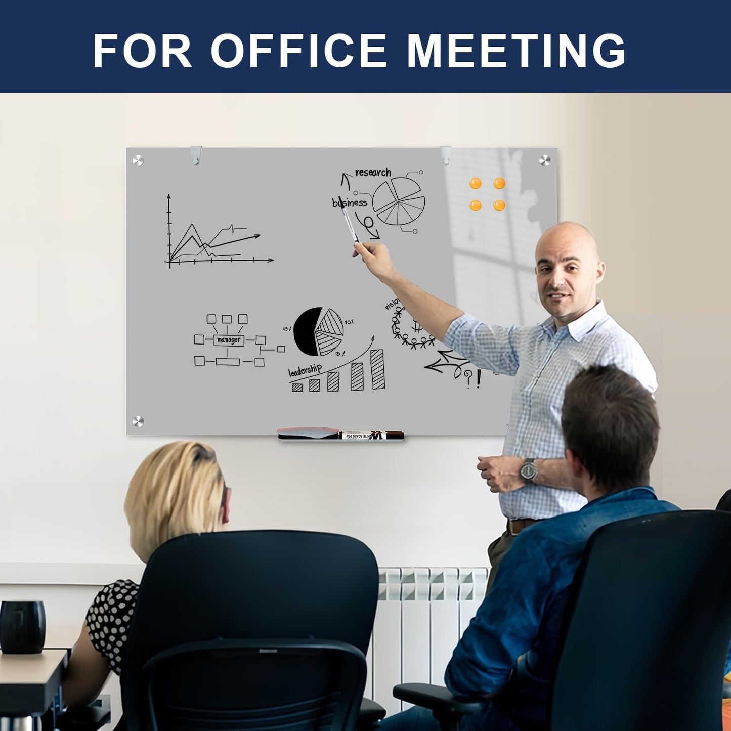TSJ OFFICE Glass Dry-Erase Board - 36 x 24 Inches Wall Mounted Magnetic Whiteboard, Large Frameless Glass White Board for Office, Home & School, Gray