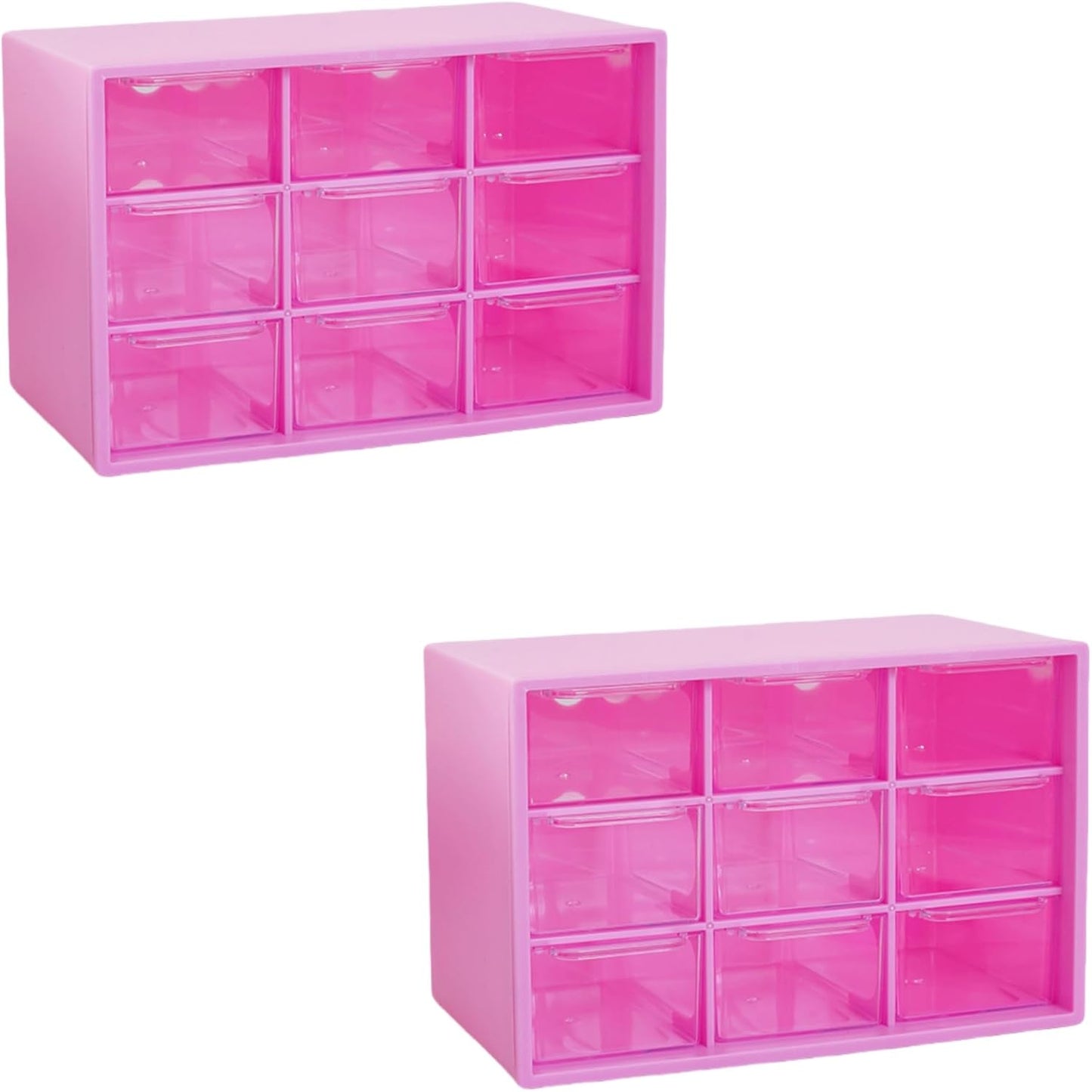Feadily 2PCS Small Drawer Organizer for Desk, Desktop Drawer Organizer with 9 Clear Drawers, Plastic Desktop Storage Drawers 7.1 Inch x 3 .9 Inch x 4.7 Inch, Rose Red