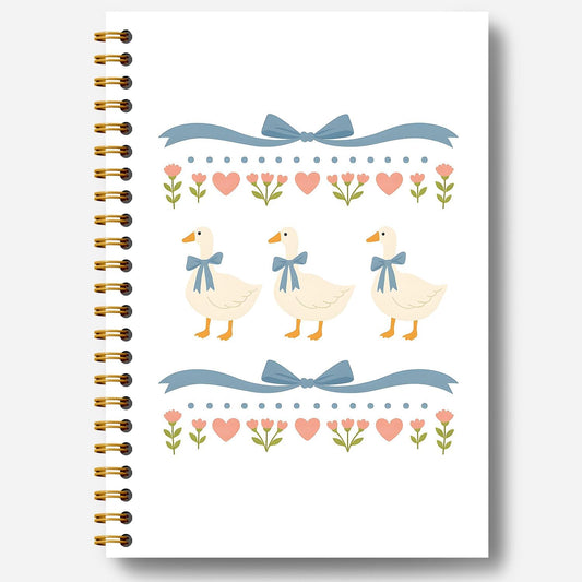 Guymn Coquette Blue Bow Goose Notebook, Groovy Aesthetic Floral Goose Journal for Kids Girls, Geese Animal Lover Gifts Hardcover Spiral Notebooks Journals 5.5x8.3 Inch