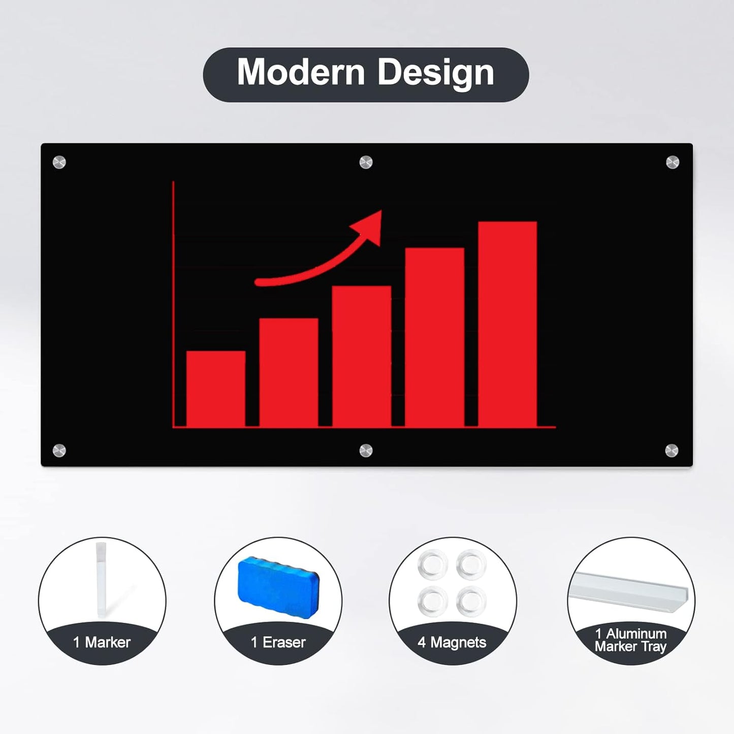 J&J worldwide Black Glass Whiteboard Magnetic Dry Erase Board 6' x 3', Large Frameless Glass White Board Wall Mounting for Office, Home, School, Includes Magnets, Marker Tray, Eraser