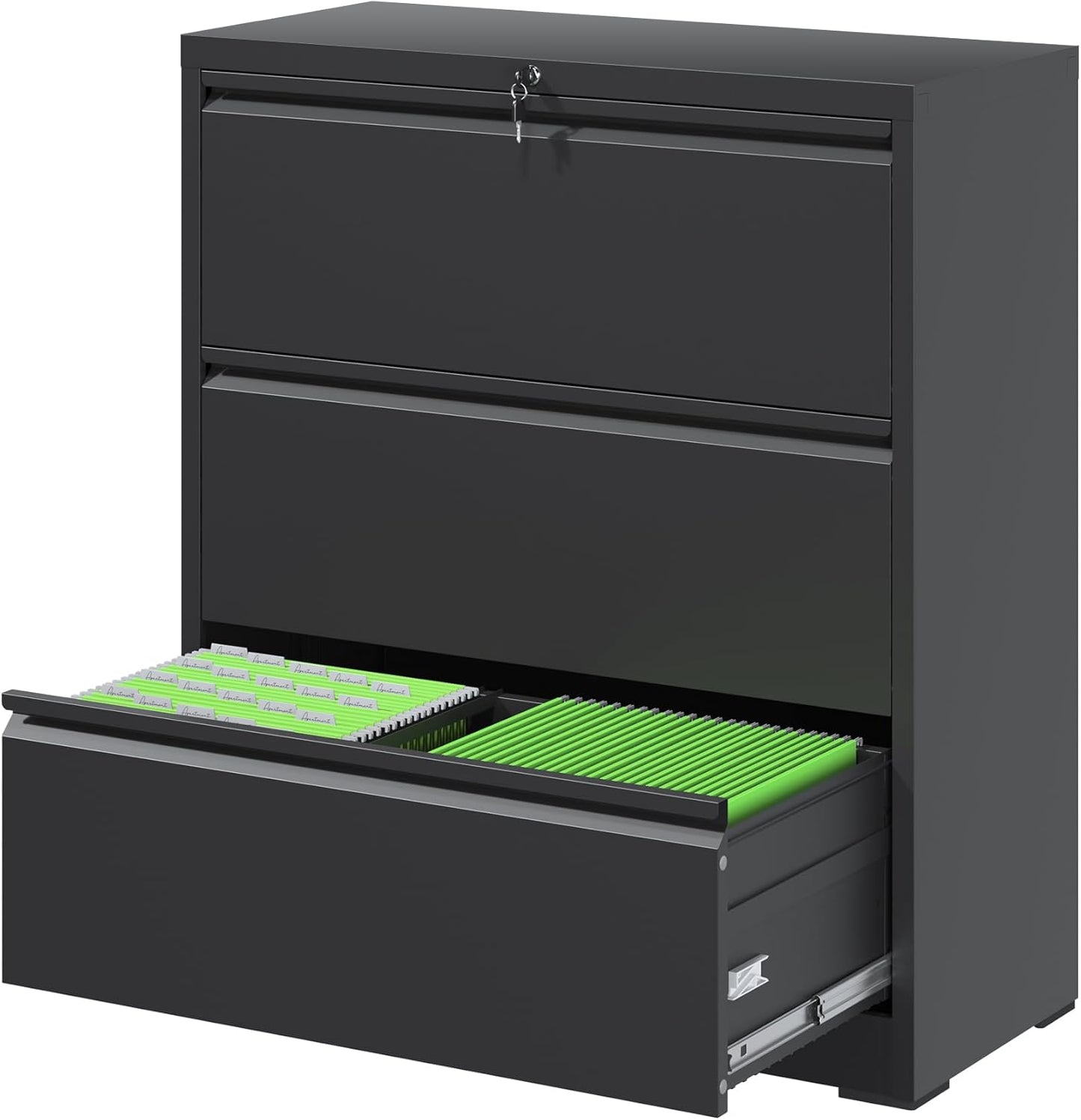 File Cabinets 3 Drawer,Metal Office Storage Filing Cabinet with Lock,Black Lateral Filing Cabinet for Home Office,Horizontal Locking File Cabinets for Legal/Letter/A4,Assembly Require,Black