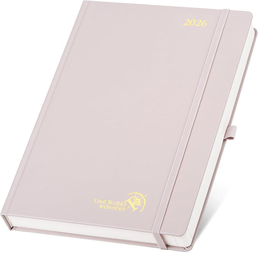 POPRUN 2026 Daily Planner One Page Per Day Even Weekends A4 Large Size (8.5" x 12") - 12 Months Calendar Hourly Appointment Book with Inner Pocket, Pen Holder, Hardcover - Light Pink
