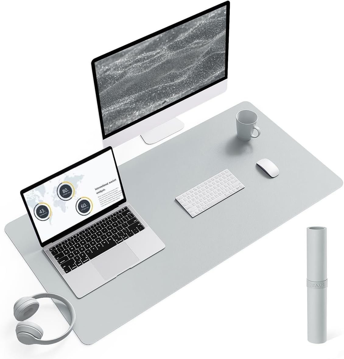 YSAGi Non-Slip Leather Desk Pad L Size, Waterproof Laptop Computer Desk Keyboard Mat, Table Protector Blotter Mat, Large Mouse Pad for Office/Work/Home/Decor(Silver-Grey, 35.4" x 17")