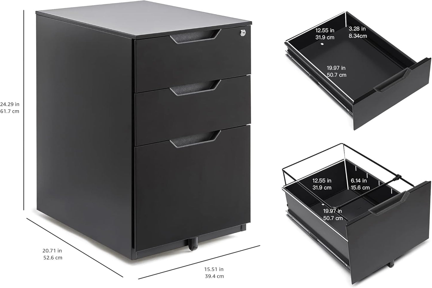 Amazon Basics 3 Drawer Mobile File Cabinet With Lock, Black, 20.71" D x 15.51" W x 24.29" H