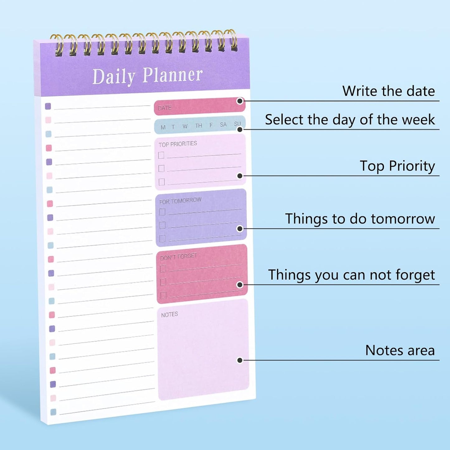 LABUK 10 Pack Daily To Do List Notebook 5" x 8" Daily Planner 30 Sheets Spiral to Do List Notebook for Classroom Office Plan Work Schedule Checklist