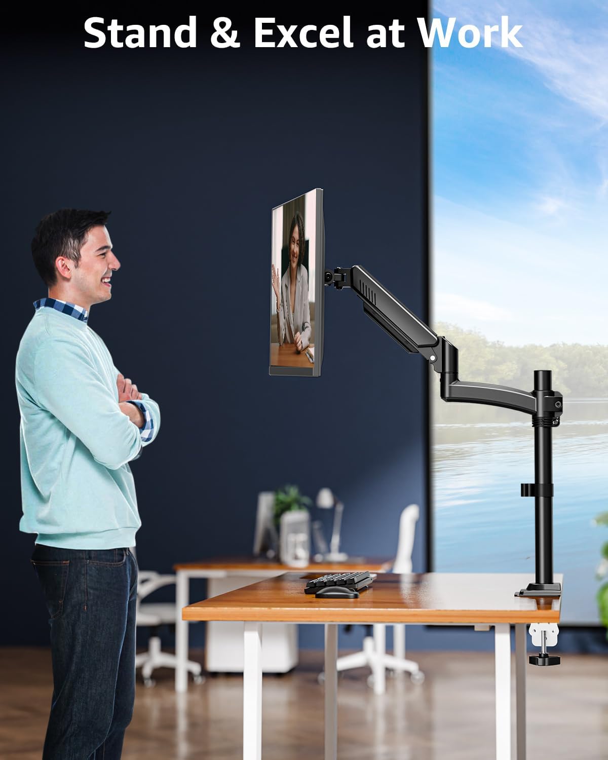 Single Monitor Arm Holds 4.4-22lbs, Monitor Stand for Desk, Height Adjustable Monitors Mount for 32 27 24 22inch, Full-Motion Monitors Desk Mount with C-Clamp＆Grommet Base, Freelift Black