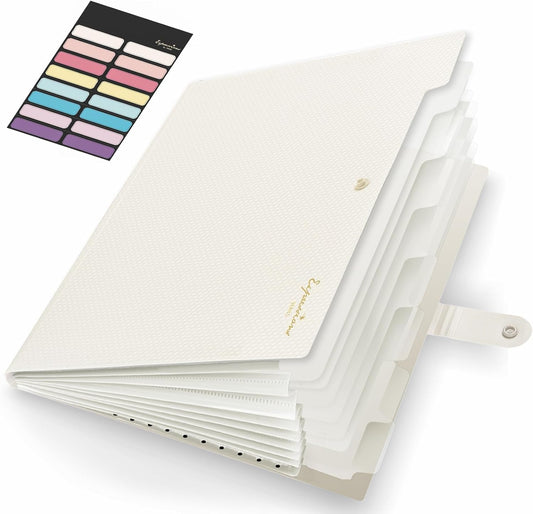 Sooez Accordion File Organizer, 8 Pocket Expanding File Folder with Labels, Letter Size Folders for Documents, Portable Paper Bill Receipt Organizer for Home School Office Supplies, Off White