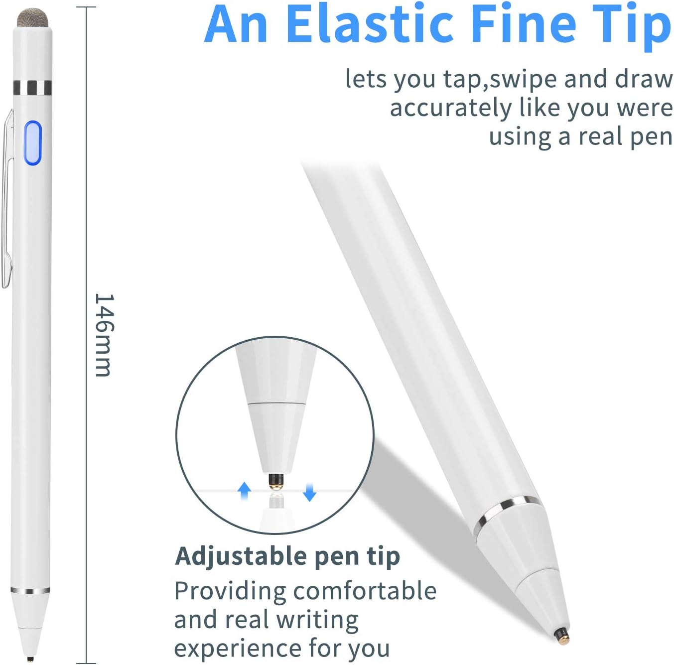 2-in-1 Active Stylus Digital Pen with 1.5mm Ultra Fine Tip for iPad iPhone Samsung Tablets, Work on Touchscreen Phones and Tablets,Good at Drawing and Writing, White