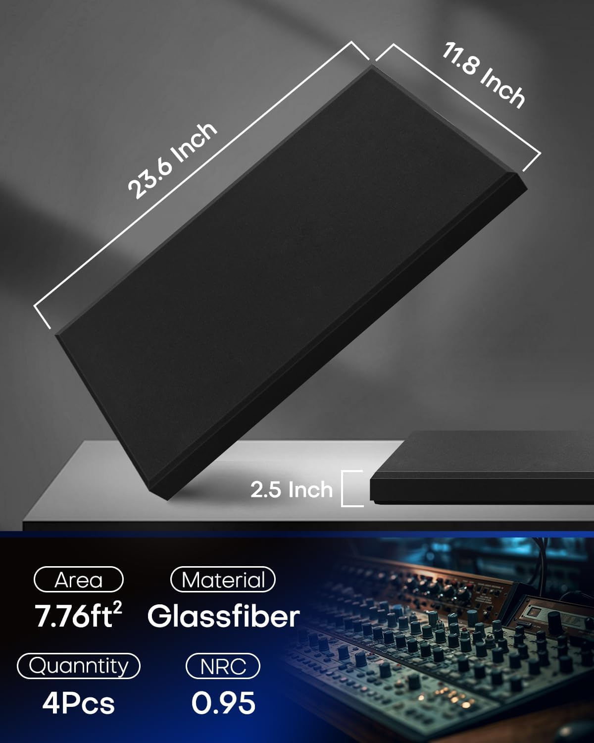 4Pack Fiberglass Acoustic Panels, Self Adhesive Sound Proof Foam Panels for Walls, Sound Dampening Panels for Studios, Office, Home Soundproofing Absorbing Noise Reducing, 23.6x11.8x2.5" Black Grey