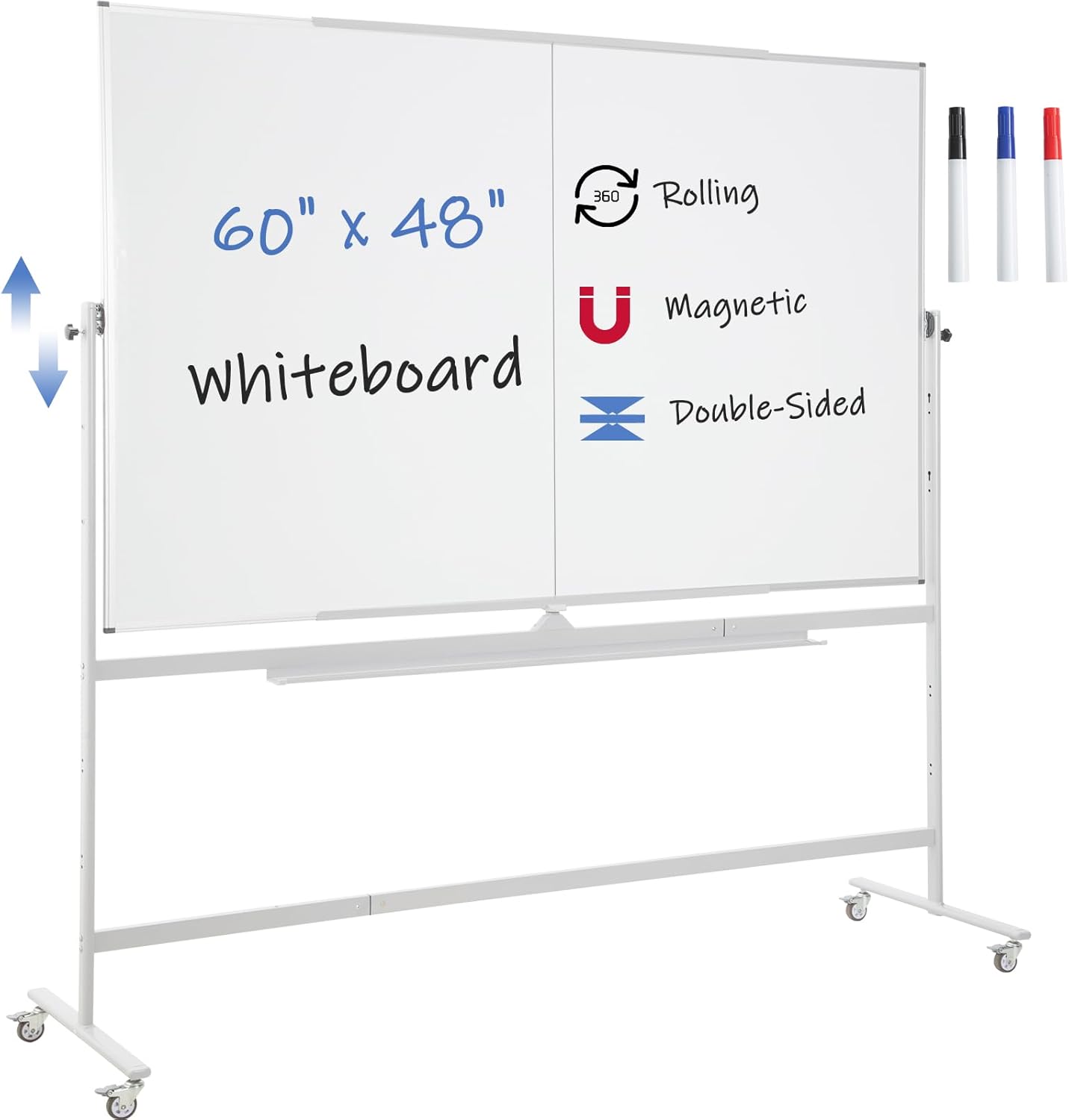 FORTUNO Large Magnetic Mobile Whiteboard 60"x48", Rolling Double Sided Stand Whiteboard on Wheels, Reversible Adjustable Height/Angle Dry Erase Board 5' x 4' Easel White Board for Office Classroom
