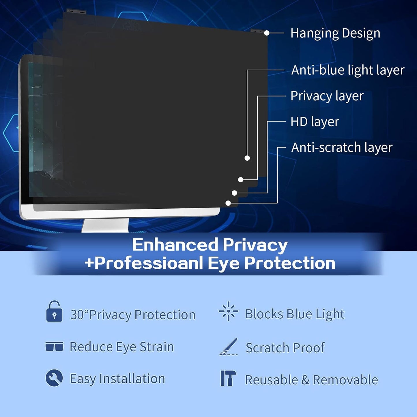 Computer Privacy Screen Filter 21.5 Inch, 9H Hardness Hanging Computer Screen Privacy Shield Compatible with 16:9 Widescreen Monitor, Eye Protection and Blue Light Blocks………