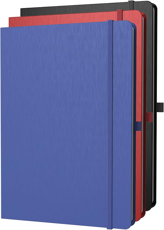 A4 Lined Journal Notebook, 8mm Ruled Notepad, Journaling for Writing, Work, School, Travel and Note Taking, Hardcover 160 Pages (80 Sheets) 8.27 x 11.6 inches, 3 Pack (Black+Blue+Red)
