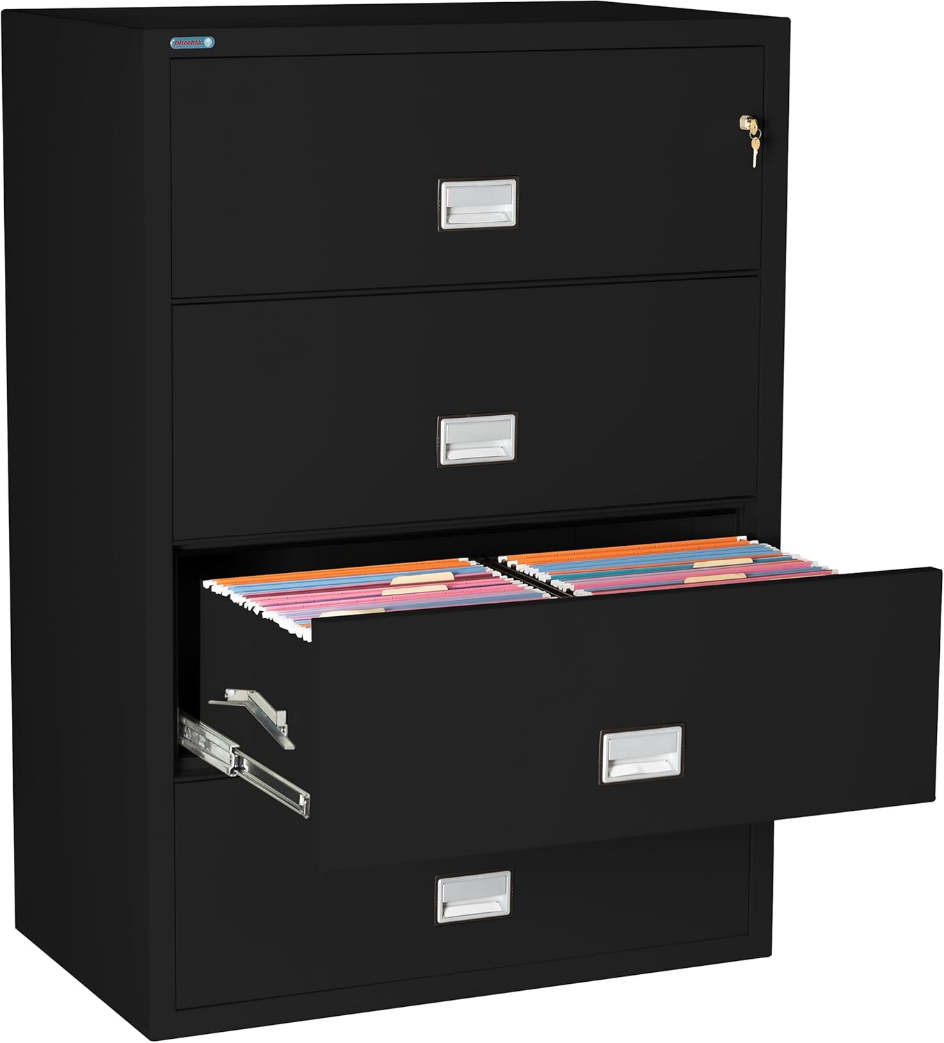 38 inch Wide 4-Drawer Lateral Fireproof File Cabinet – Legal and Letter Size Filing – Key Lock – Water Resistant – Fire Safe and Impact Rated – Black Finish – Model LAT4W38B
