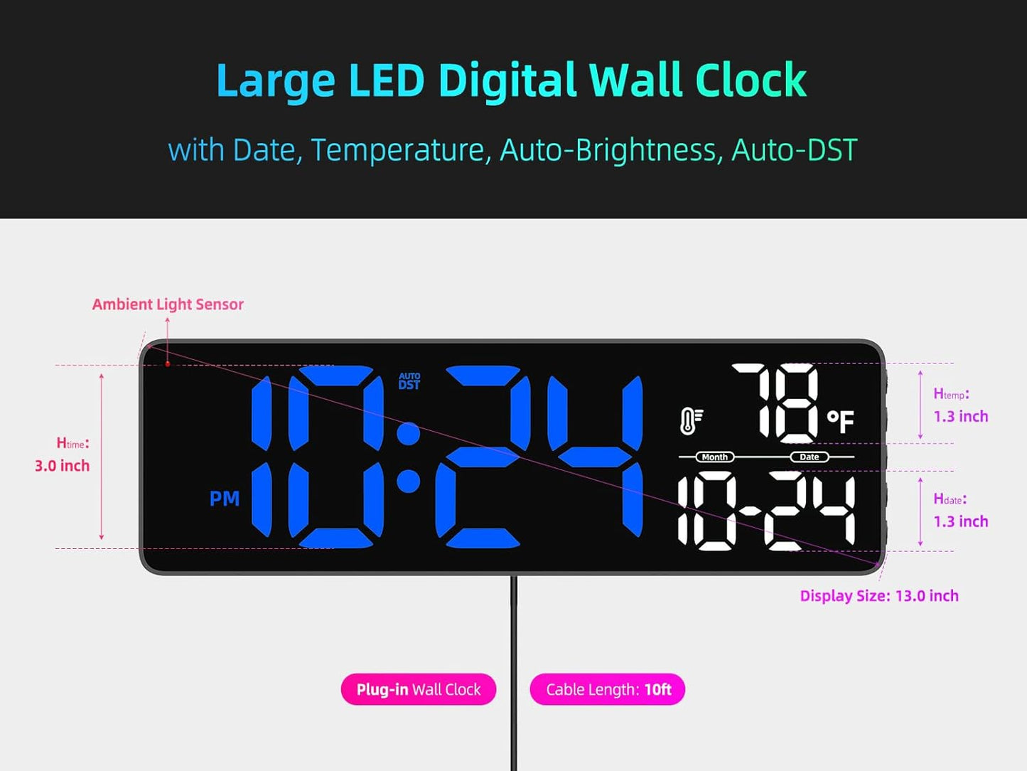 Large LED Digital Wall Clock with Date, Temperature, Auto-Brightness, Auto-DST | Big Digital Clock for Bedroom, Desk, Classroom, Living Room, Kitchen, Office, Gym, Farmhouse, Xmas Gift for Seniors