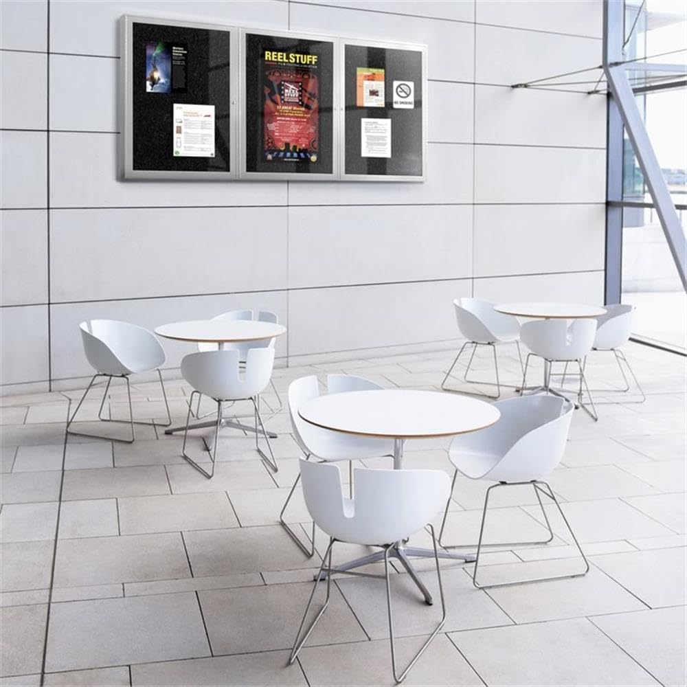 Ghent 48" x 96" 3-Door indoor Enclosed Recycled Rubber Bulletin Board, Shatter Resistant, with Lock, Satin Aluminum Frame,Black (PA34896TR-BK)-Made in USA