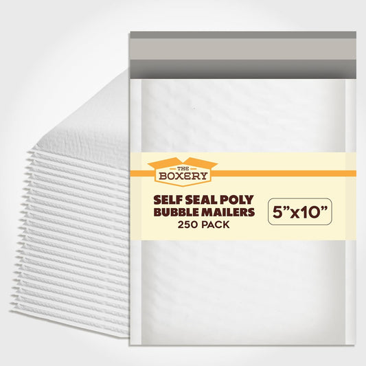 The Boxery 5x10''|#00 Poly Bubble Mailers- 250 Pack, Padded Envelopes, Self Seal, Waterproof Shipping Bags, Padded Mailers for Shipping & Packaging