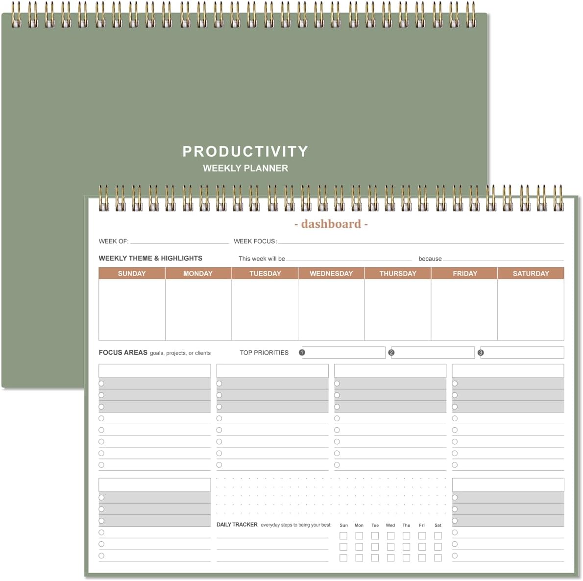 Weekly Productivity Planner - 8.5" x 11" Dashboard Desk Notepad Has 6 Focus Areas to List Tasks for Goals, Projects, Clients, Academic or Meal-Organize Your Daily Work Efficiently, 54 Weeks, Green