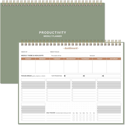 Weekly Productivity Planner - 8.5" x 11" Dashboard Desk Notepad Has 6 Focus Areas to List Tasks for Goals, Projects, Clients, Academic or Meal-Organize Your Daily Work Efficiently, 54 Weeks, Green