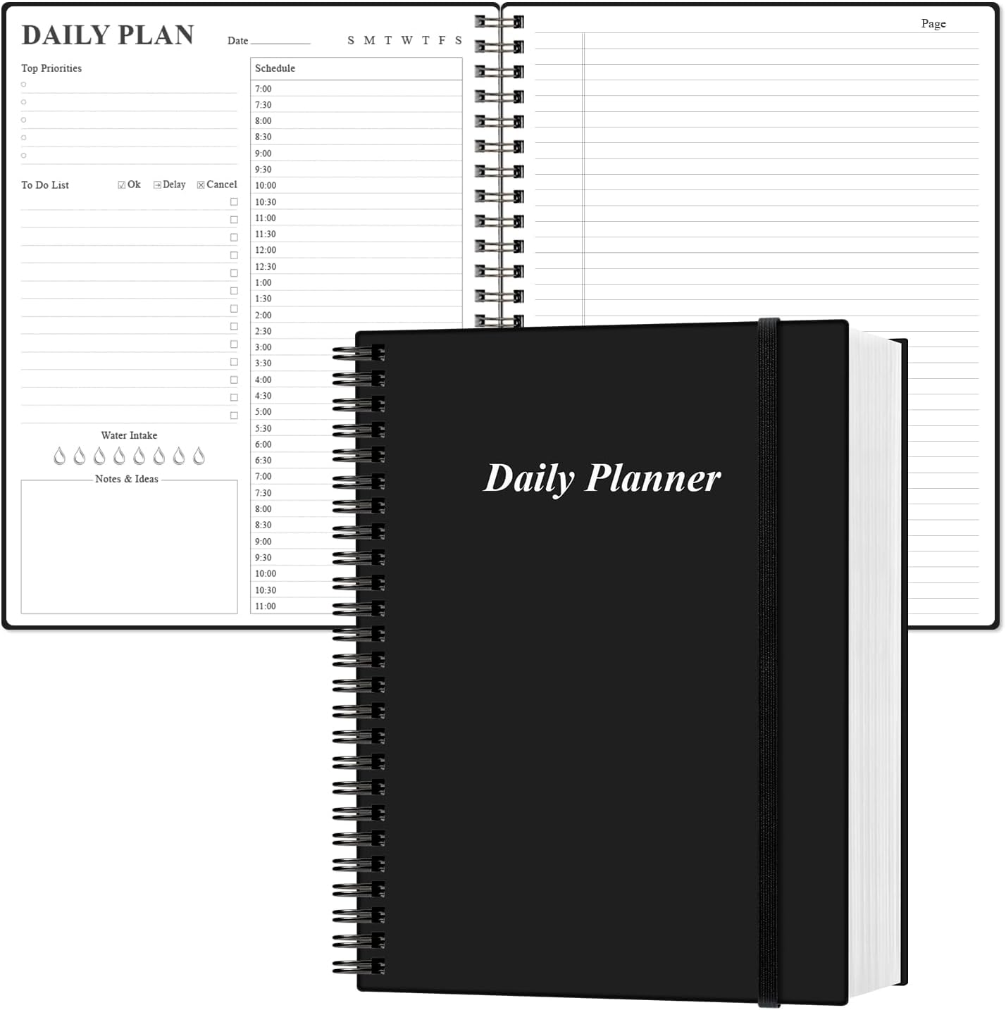 Daily Planner Undated - A4 To Do List Notebook Hourly Schedules, Spiral Appointment Planner for Women and Men,PVC Hardcover, Inner Pocket, Elastic Closure, 8.5" x 11", Black