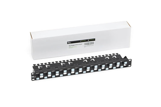 trueCABLE 3-D Staggered 24 Port 19” Toolless Modular Patch Panel, Unshielded, Blank, 1U Rack Mount, with Cable Management Bar, High Density, Black