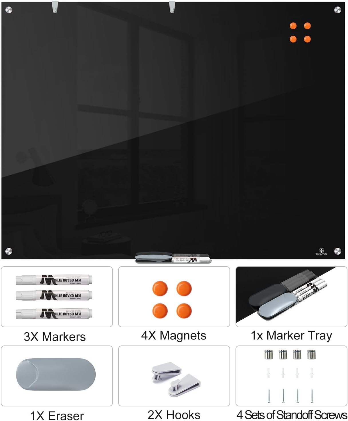 TSJ OFFICE Glass Dry-Erase Board - 48 x 30 Inches Wall Mounted Black Glass Magnetic Whiteboard, Large Frameless White Board for Office, Home & School