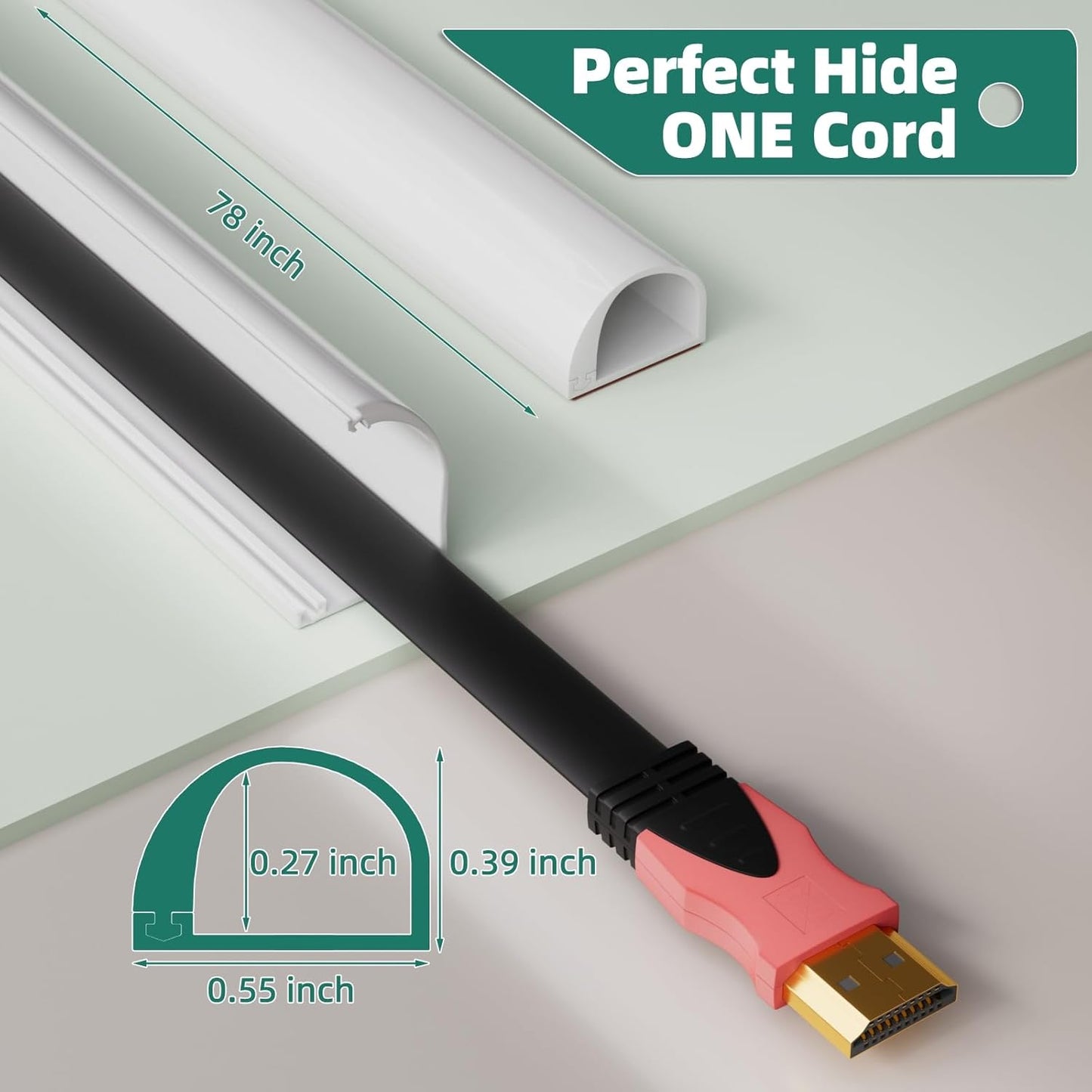 Cord Hider Raceway Kit, 78 inch Wall Cable Hider for 1 Cable, Silicone Material Hiding Wall Mount TV Powers Cords in Home Office, W0.59 H0.39in White