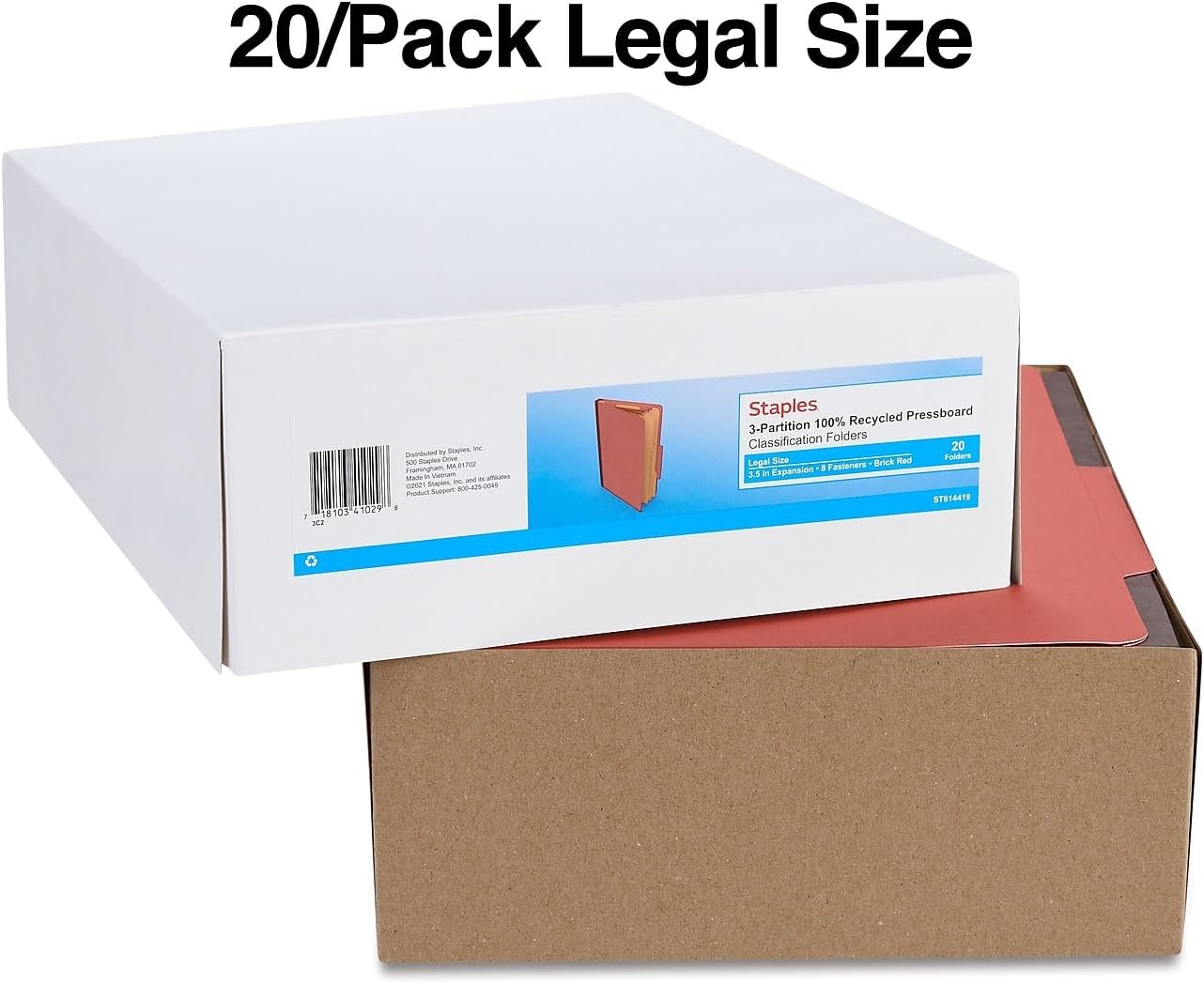 Staples Pressboard Classification Folder, 3-Dividers, 3.5-inch Expansion, Legal Size, Brick Red, 40/Carton (ST614419/6144VS)