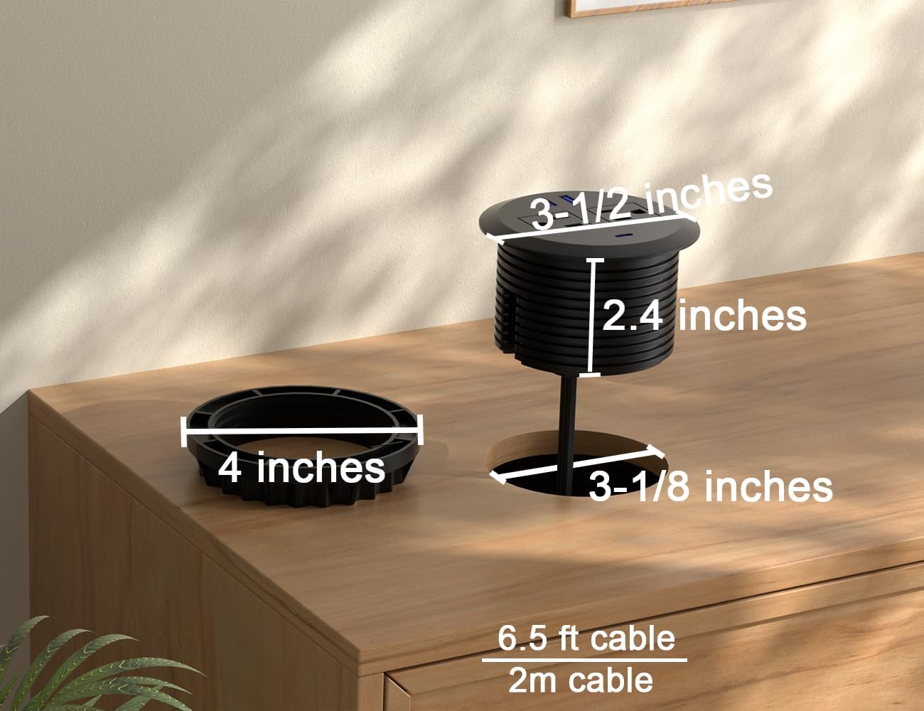 3 Inch Desktop Power Grommet,20W USB C Fast Charging Station,3-USB Port,Flush Mount,6.5 ft Power Cord.Round Recessed Power Outlet,Desk Hole Grommet Outlet for Workspace,Sofa,Black