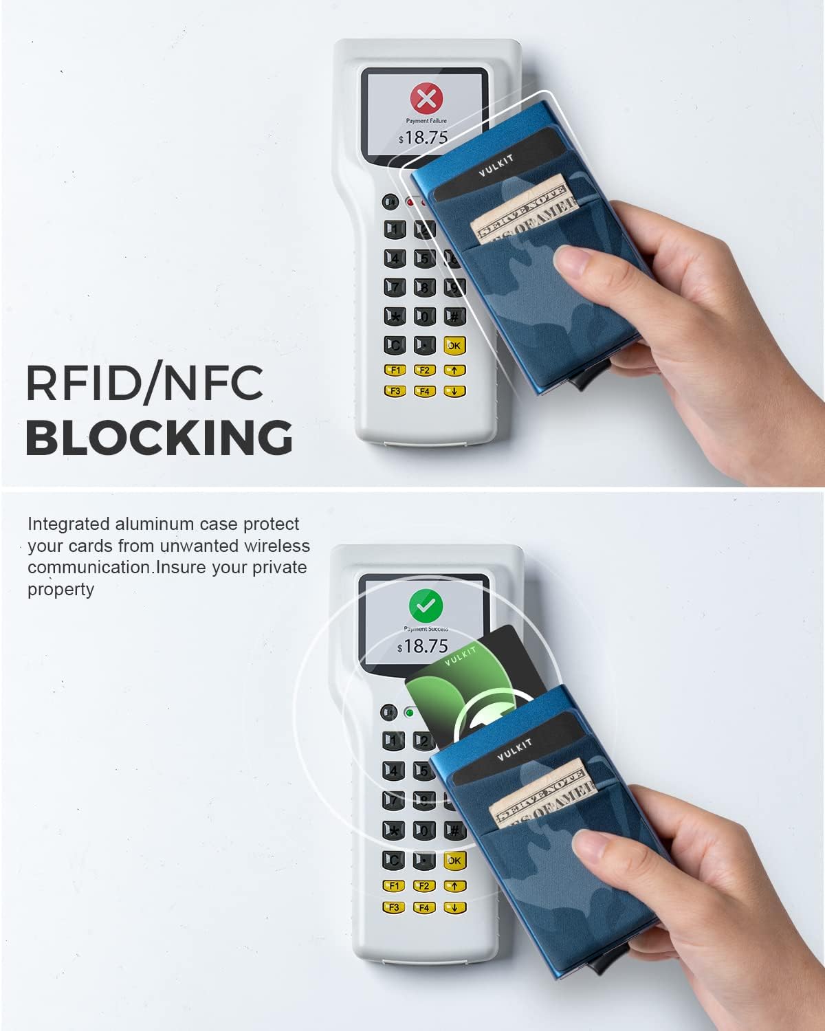 VULKIT Card Holder with Money Pocket Pop Up Wallet RFID Blocking Slim Metal Bank Card Case Holds 5 Cards and Notes