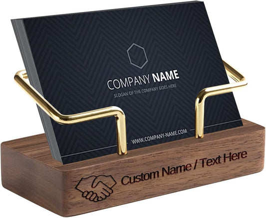 Custom Business Card Holder Desk-Personalized Engraved Wooden Business Card Case Holder, Customized Name Logo Business Card Display Gifts for Men Women (Black - Walnut)