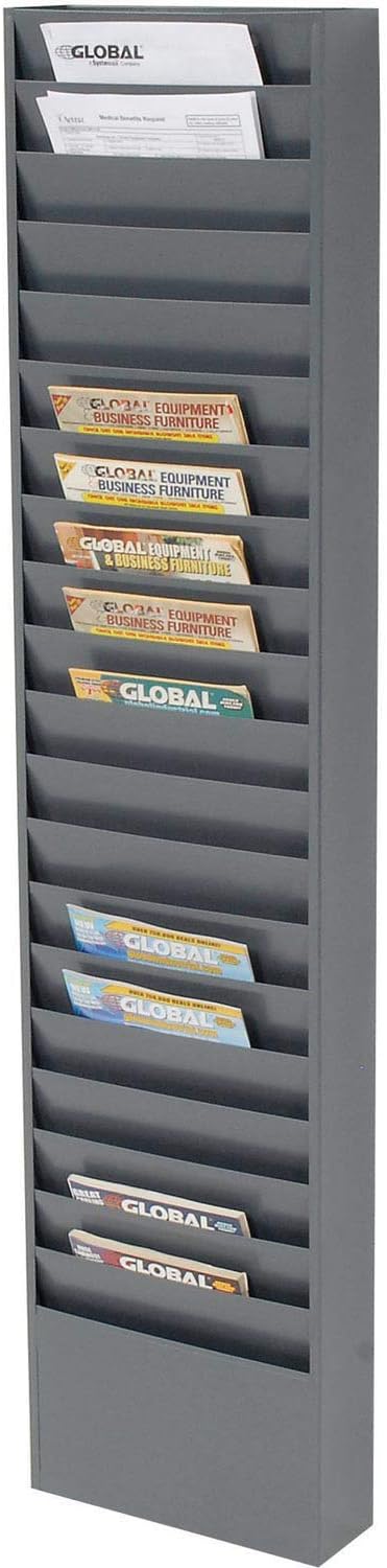 Global Industrial Steel Medical Chart Hanging Wall File Holder, 20 Pockets, Gray, Wall Mounted Magazine and File Folder Holder, 12-1/2"W x 8-3/8"H Pockets
