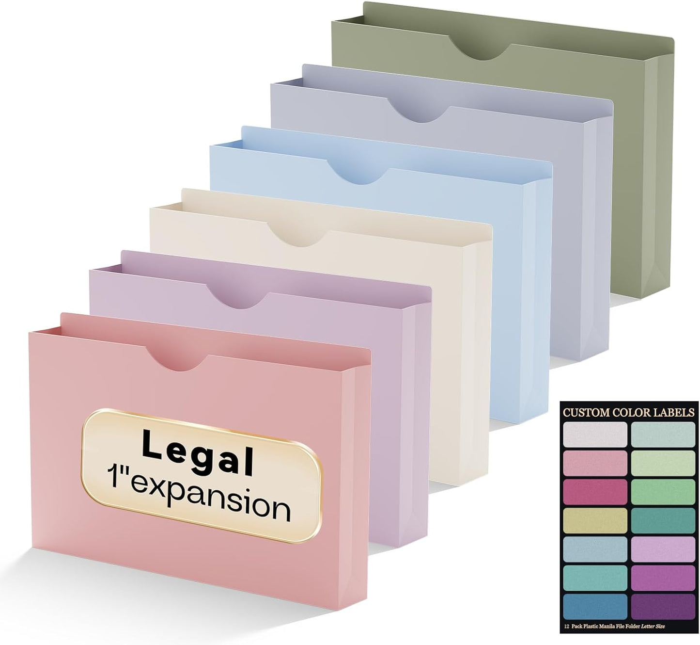 Plastic 1 Inch File Jackets Legal Size,12 Pack Manilla Pocket Folders,Expandable File Jackets for Document,Heavy Duty Expansion Pocket,Reinforced Straight Cut Tab,Poly File Jacket,Pastel Color