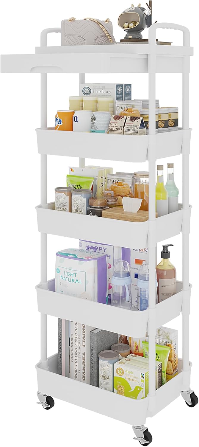 Calmootey 5-Tier Rolling Utility Cart with Drawer,Multifunctional Storage Organizer with Plastic Shelf & Metal Wheels,Storage Cart for Kitchen,Bathroom,Living Room,Office,White