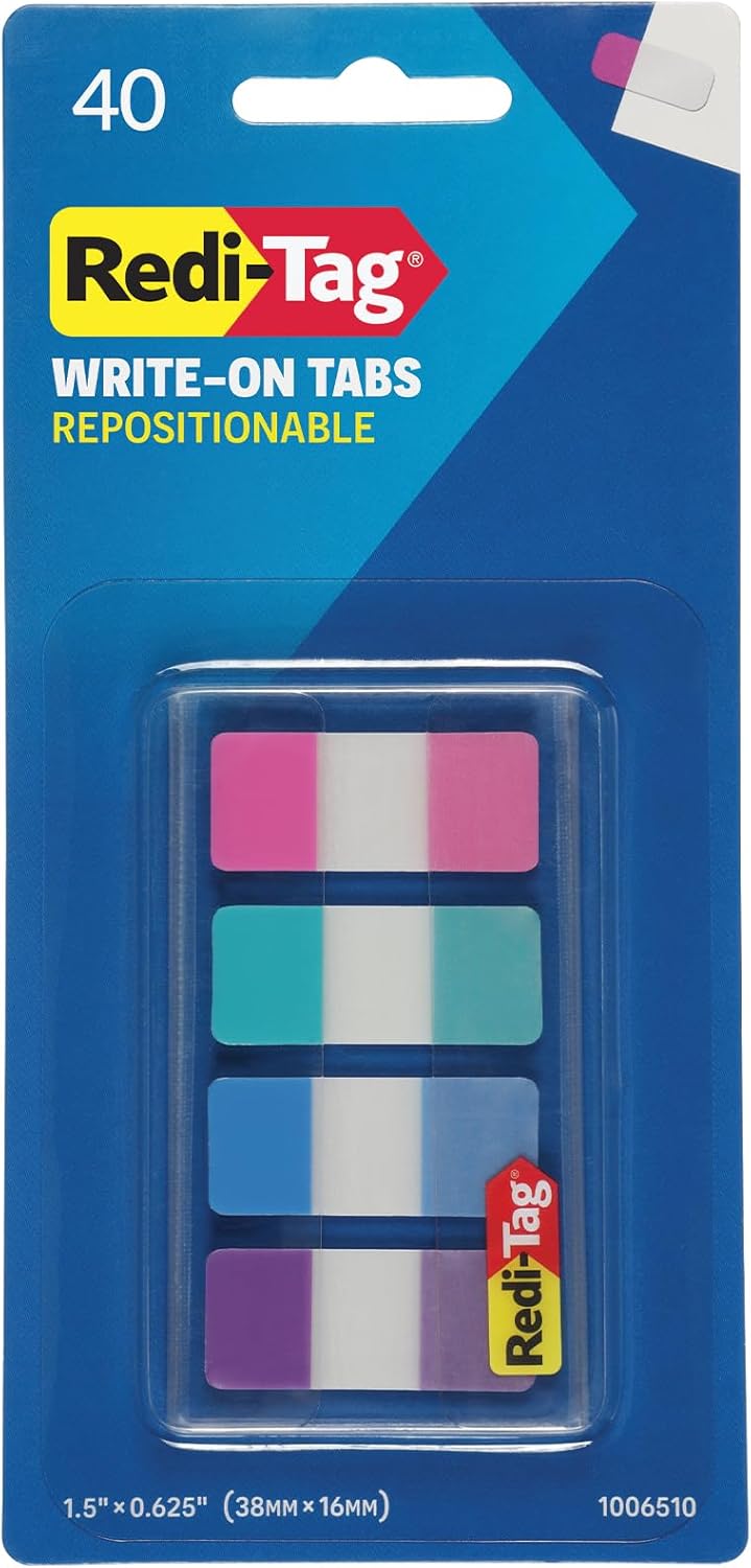 Redi-Tag Write-On Tabs, Repositionable Tabs for Binders and Planners, Removable Pop Up Tags, 4 Vivid Colors, 0.625" x 1.5", 40 Per Pack (1006510)