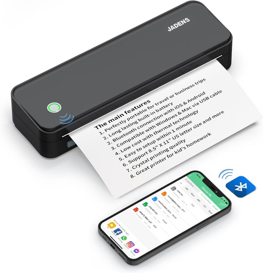 JADENS Bluetooth Thermal Printer, Support 8.5" X 11" US Letter, Portable Printers Wireless for Travel, Inkless Printer Compatible with iOS, Android, Mobile Printer for Home, Office, School