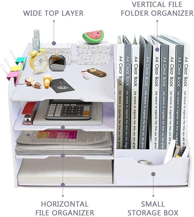 SONGWAY File Organizer for Desk - 4 Tier Vertical and Horizontal Document Holder, File Sorter, A4 Paper Storage Holder, Desktop Organizer for Home Office School Decoration, White