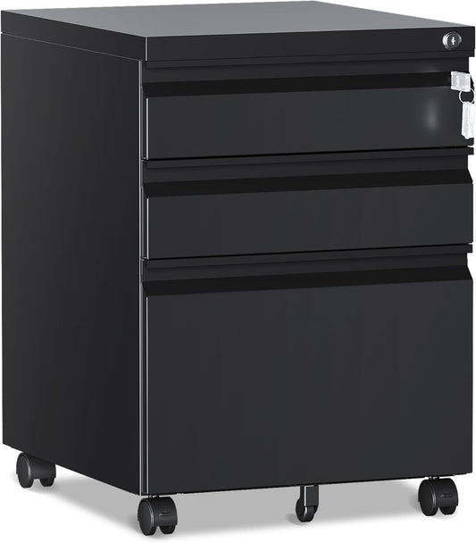3 Drawer File Cabinet，Mobile Filing Cabinet with Lock and Wheels，Un-Assembled Metal Under Desk File Cabinets for A4/Letter/Legal Size（Black