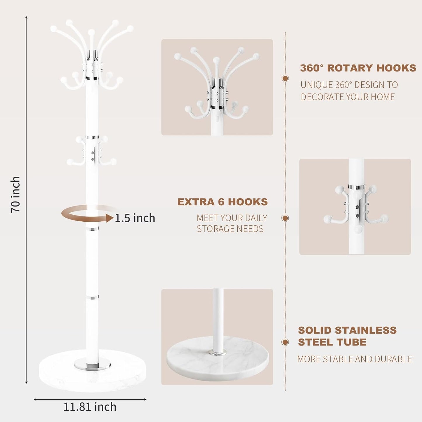 Modern Metal Coat Rack Stand, 360°Rotary Coat Rack Freestanding with Natural Marble Base, White Sturdy Coat Racks with 16 Hooks, Coat Racks Hall Tree Stand for Entryway (White)