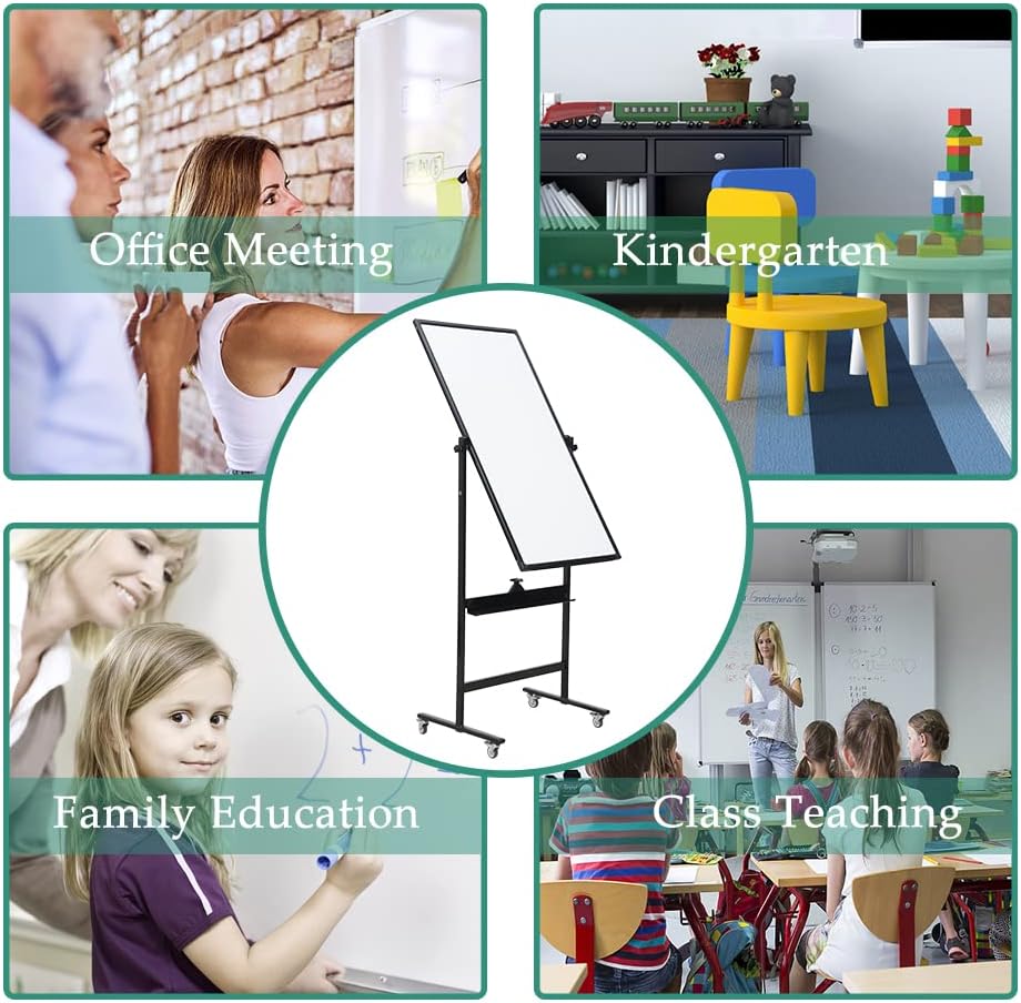 48" x 24" Magnetic Mobile Whiteboard - 360° Reversible Double-Sided Dry Erase Board with Wheels, Portable Standing Whiteboard Easel for Office & Classroom - Includes 6 Markers + 1 Eraser