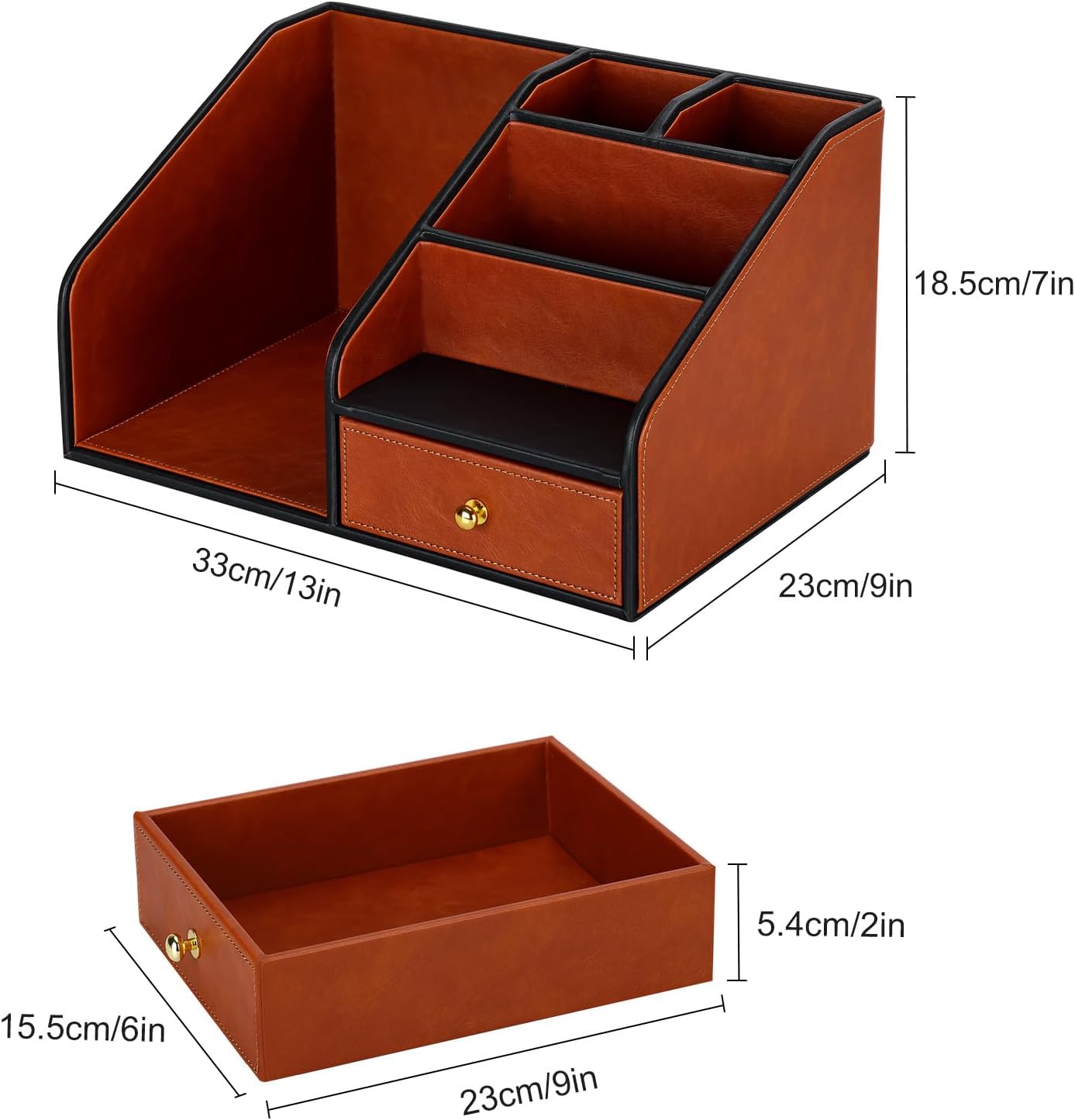 KINGFOM PU Leather Desk Organizer, Multifunction 6 Compartment Desk Organizers and Accessories for Office Supplies, Pen Pencil Holder/Book Mail Organizer Holder for Desk with Drawer (Brown)