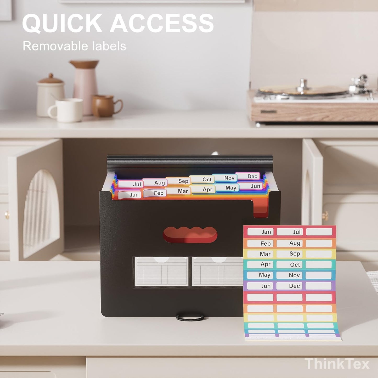 ThinkTex Accordion File Organizer, 12 - Pocket Expanding File Folders for Paper Receipts, Bills&Taxes Organizer, Letter/A4 Size Document Holder for School, Office, Home with Colorful tabs- Black