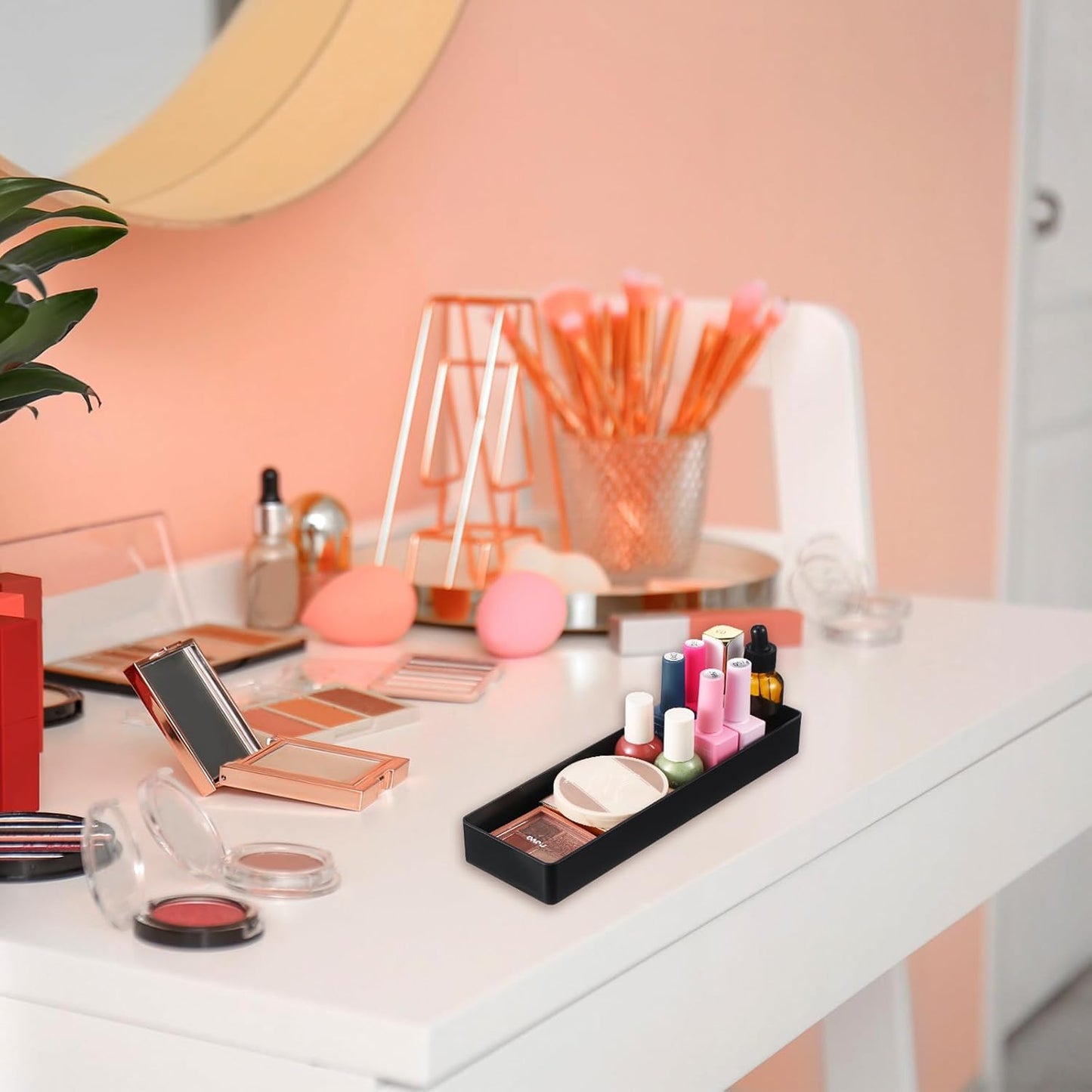 Teling 2 Pcs 4 Piece Large Black Rectangular Desk Organizer Set, Half Accessory Tray, Plastic Tabletop Organizer for Office, Home, or Study, Dimensions: 9.45 x 2.95 x 1.38 Inches