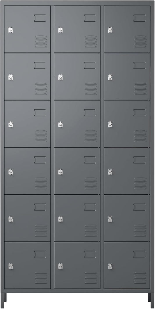 Metal Storage Locker with 18 Doors and Business Card Holder,Metal Lockers for Employees with Lock for School Garage Office Gym,Assembly Required,Dark Grey