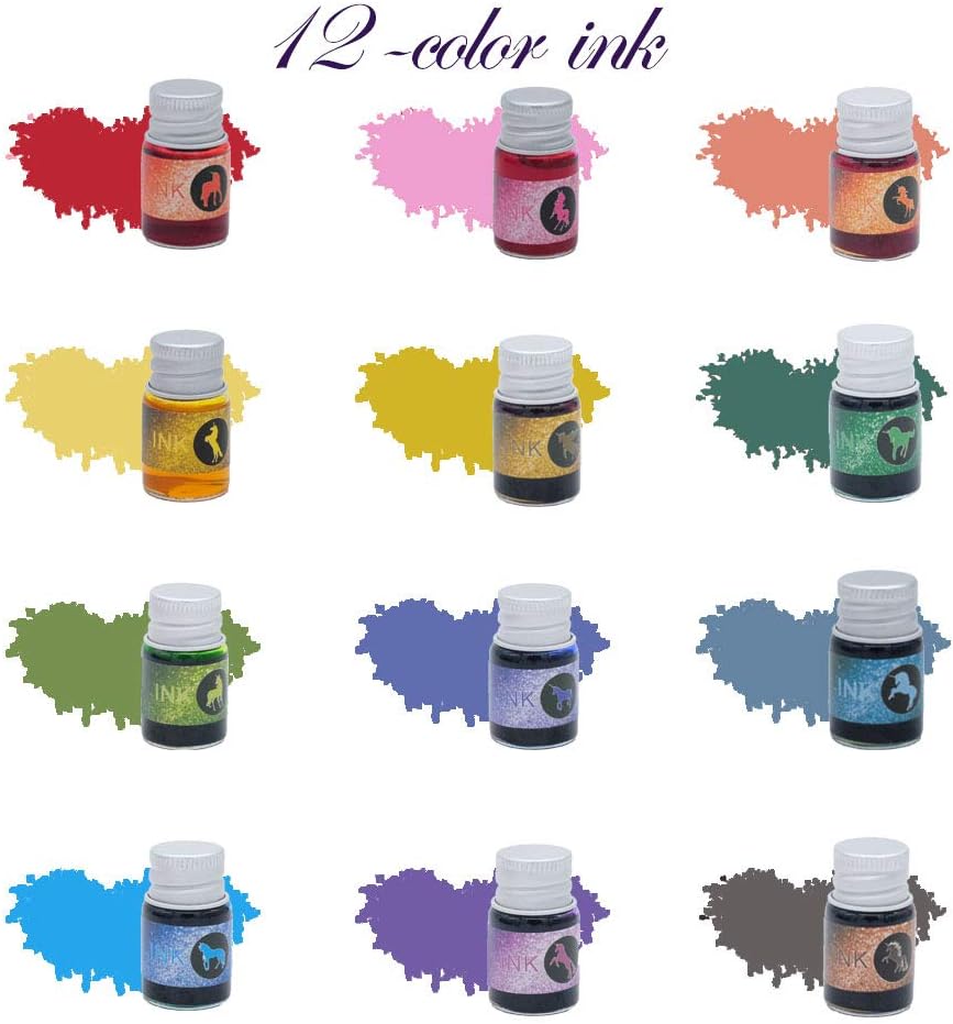 Glass Dipped Pen Ink Set Handmade Crystal Calligraphy Pen with 12 Colorful india ink for Art, Signatures, Drawing, Decoration, Calligraphy Kits for Beginners Ma-13