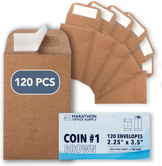 MOS #1 Brown Coin Envelopes 2.25 x 3.5 Inch 120 Pack — Self-Seal Small Kraft Envelopes for Coins, Seeds, Small Parts, Collectibles, Jewelry, Craft Storage