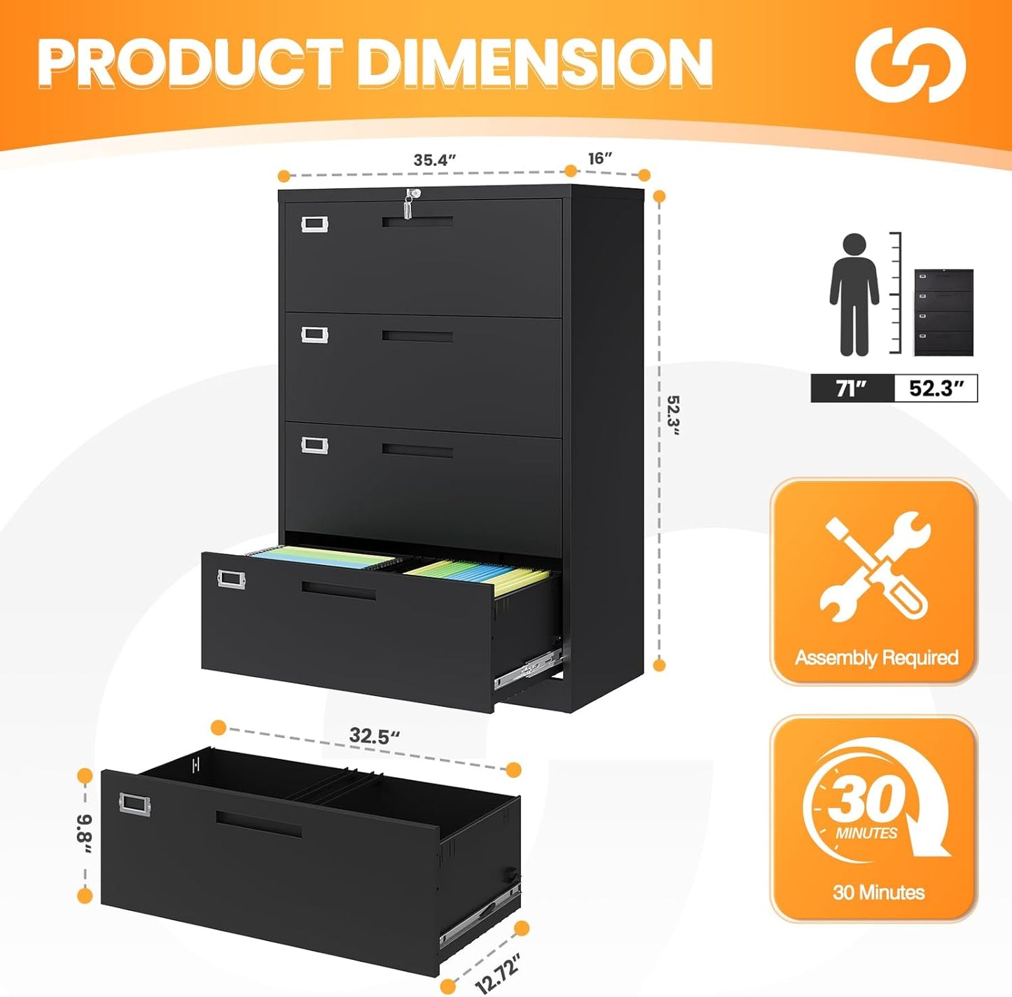 4 Drawer File Cabinets for Home Office, Metal Filing Cabinet with Lock, Black Locking File Caninet Four Drawer, Office Storage Caninets Steel Cabnet for Letter/Legal/A4/F4-Assembly Required