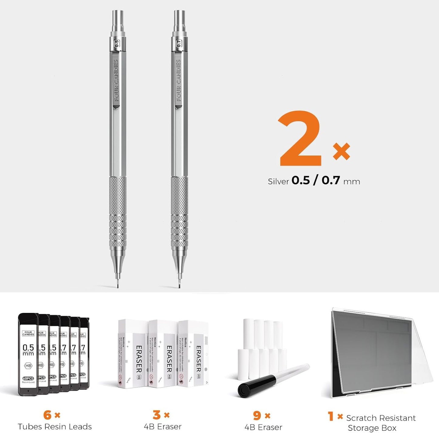Four Candies 2PCS Metal Mechanical Pencils Set with Case, 0.5mm & 0.7 mm Artist Pencil with 6 Tubes (360PCS) HB Lead Refills, 3 Erasers,9 Eraser Refills For Writing Drafting, Drawing, Silver